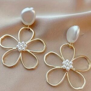Gold-Tone Dangling Hollow Flower and Faux Pearl Earrings